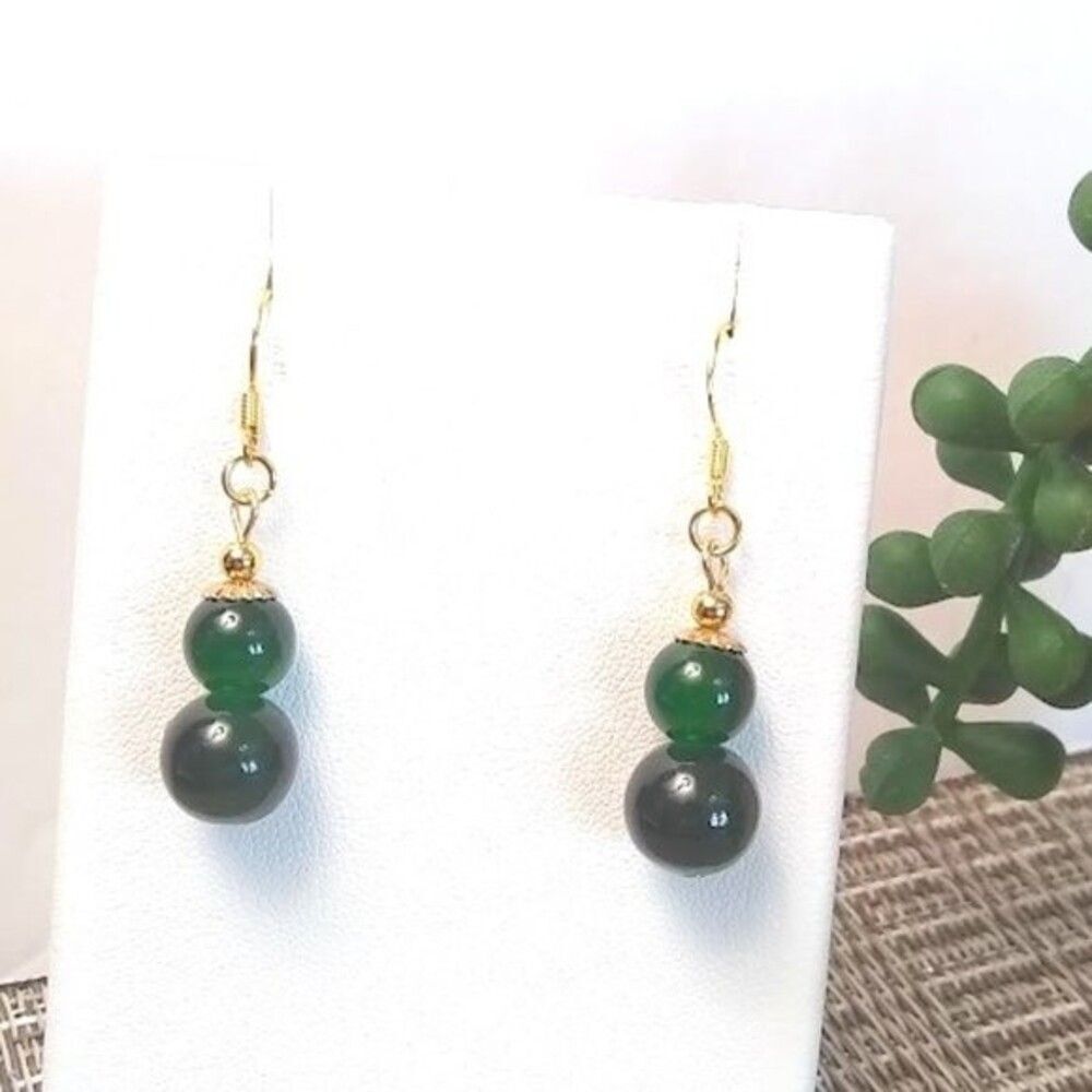 Deep Forest Green Double Bead Drop Earrings